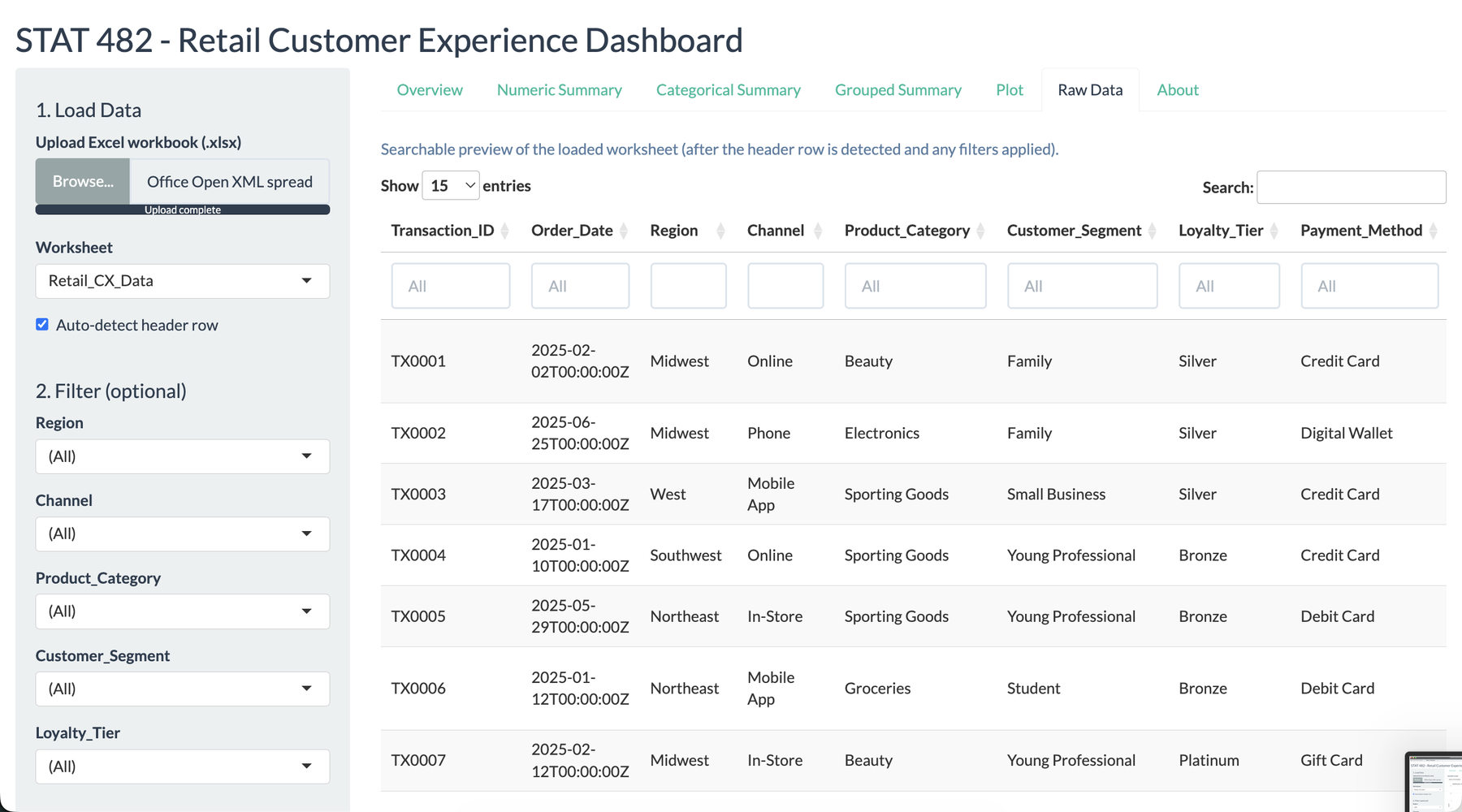 Searchable raw data preview table inside the Shiny dashboard