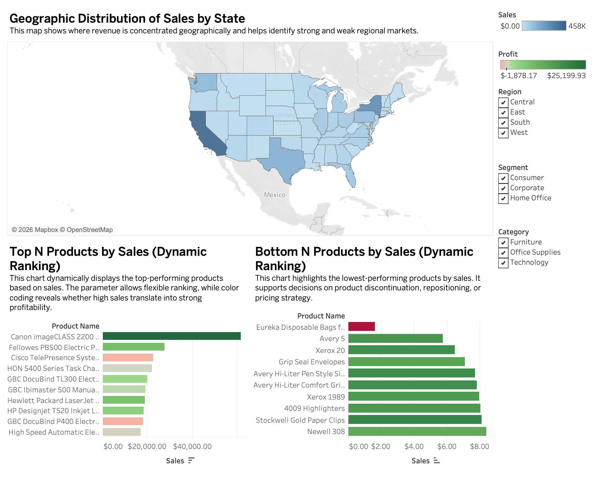 Tableau geographic and product insights dashboard with state map and product rankings