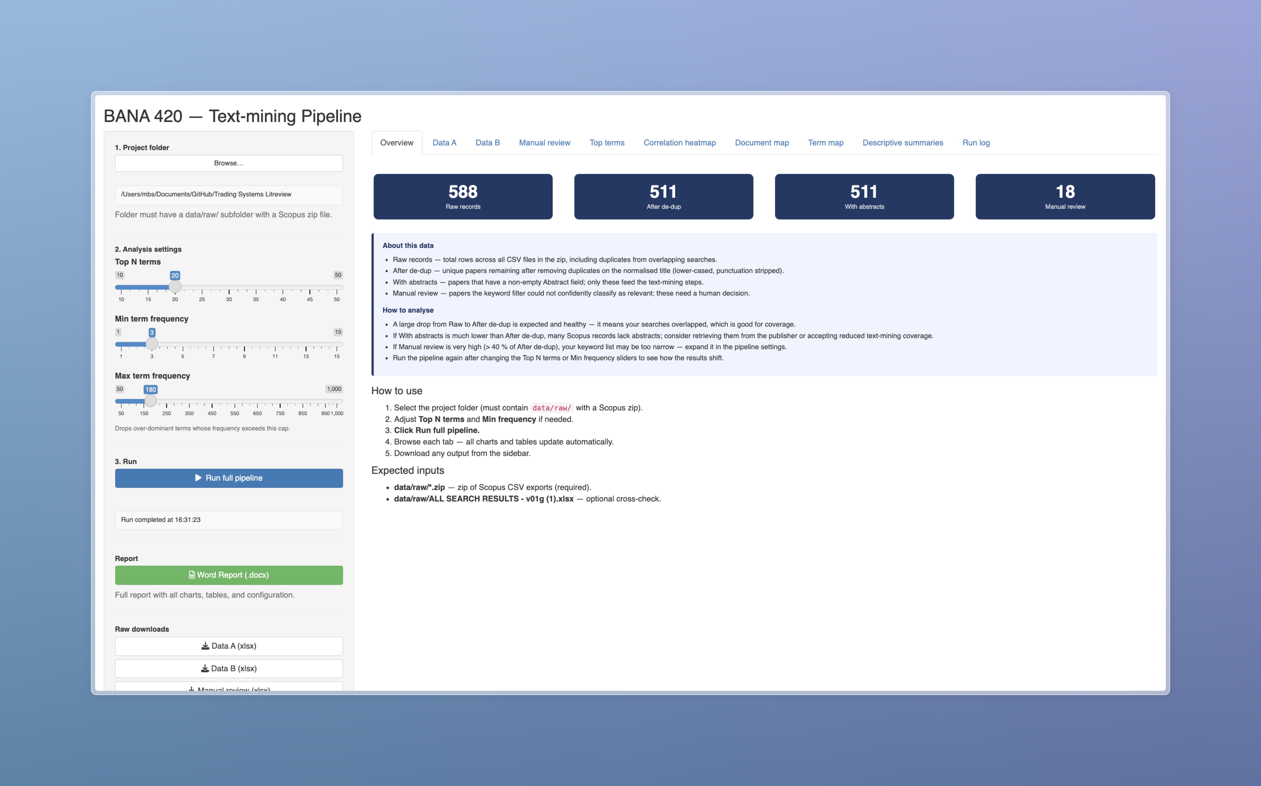Shiny dashboard overview for the trading systems literature review