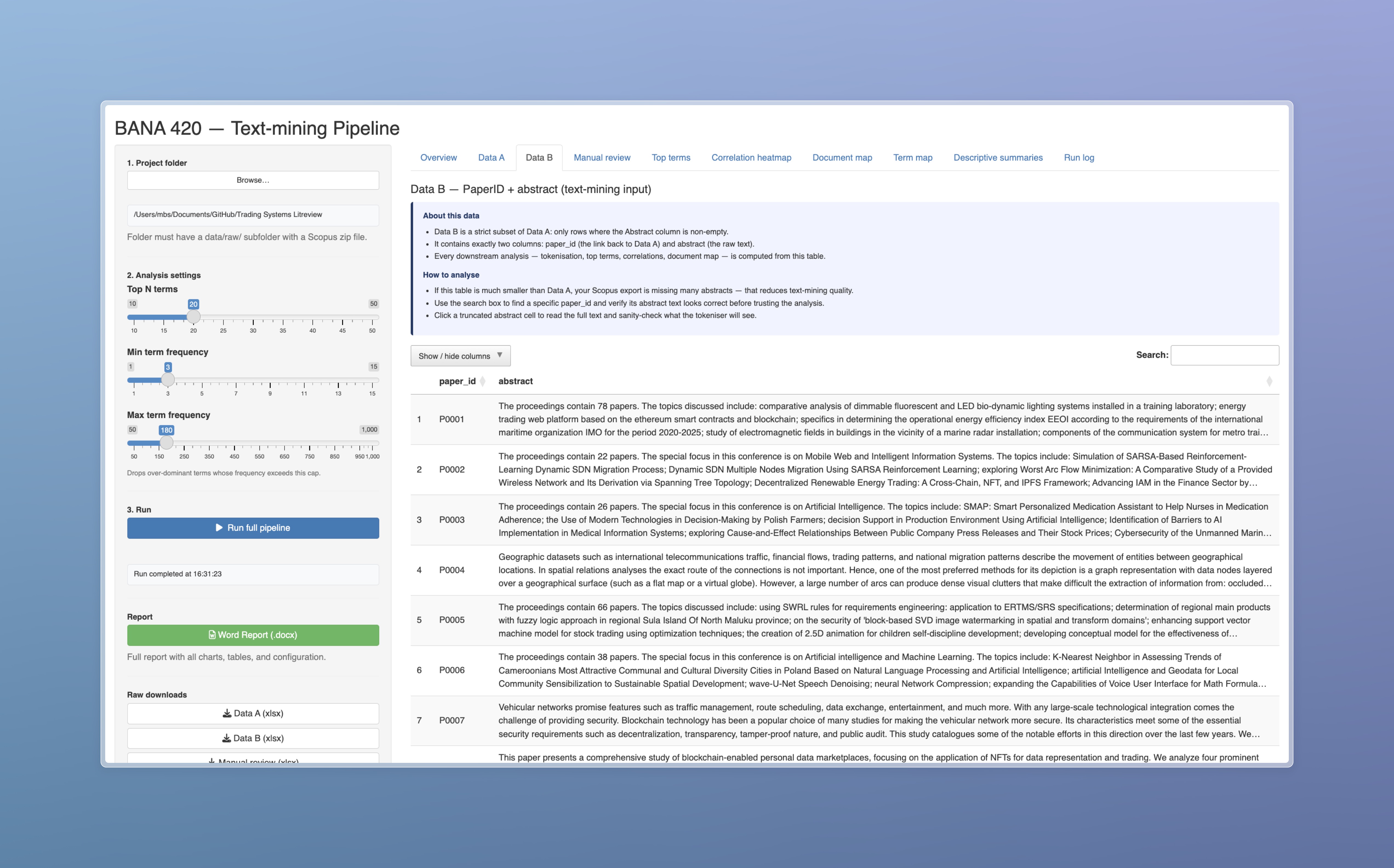 Data B abstract text-mining table