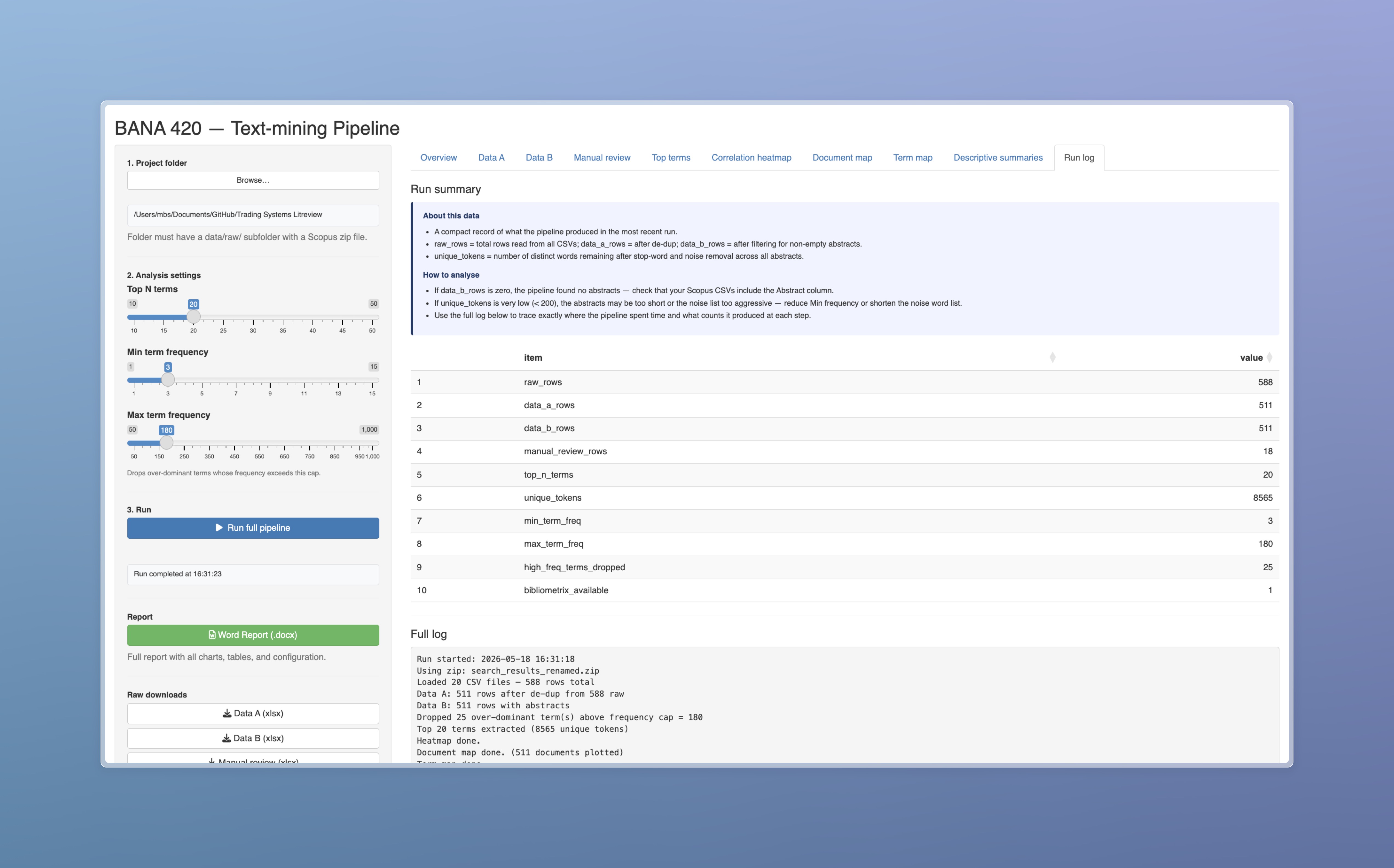 Run log and metadata table from the Shiny dashboard
