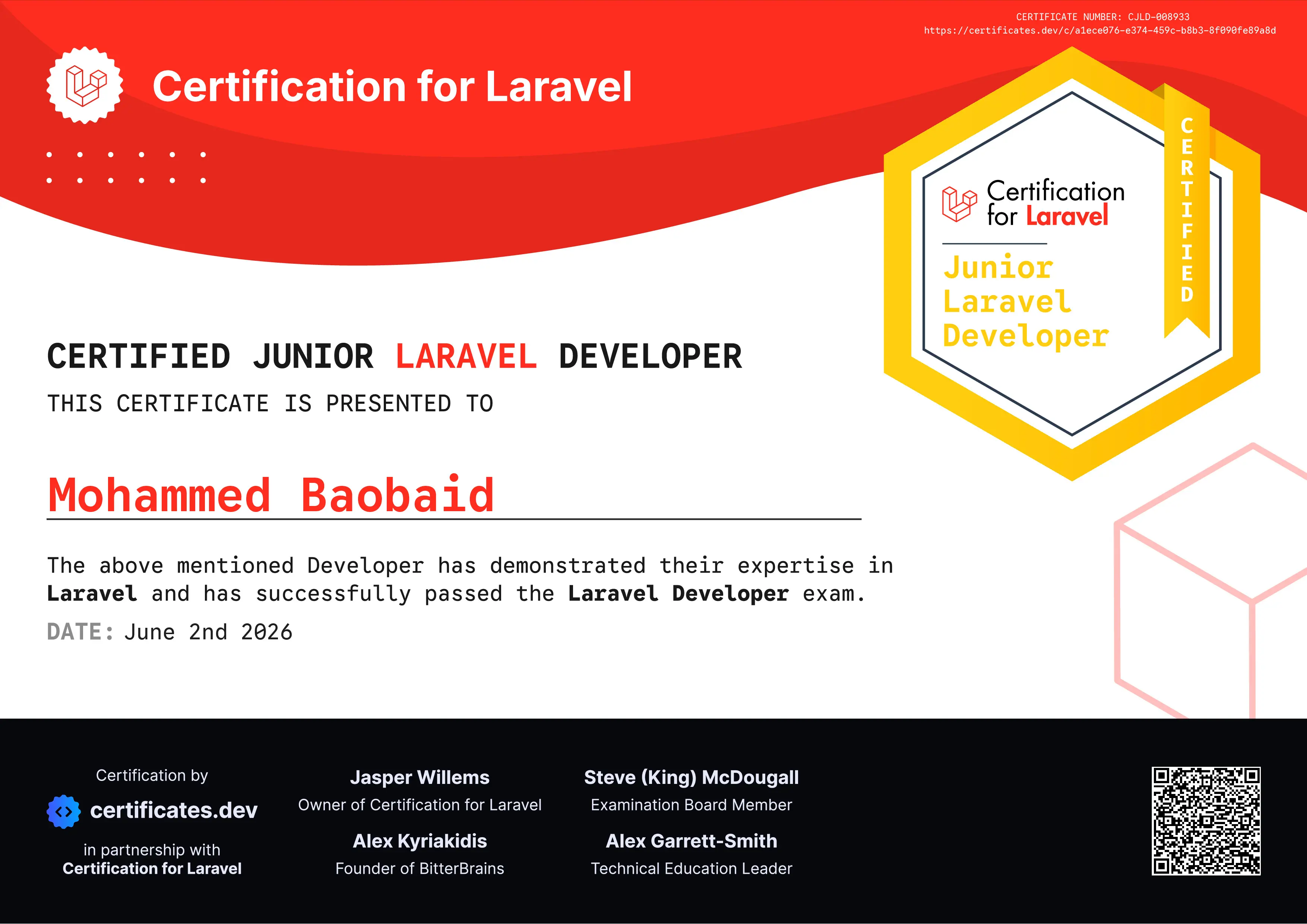 Certified Junior Laravel Developer certificate preview