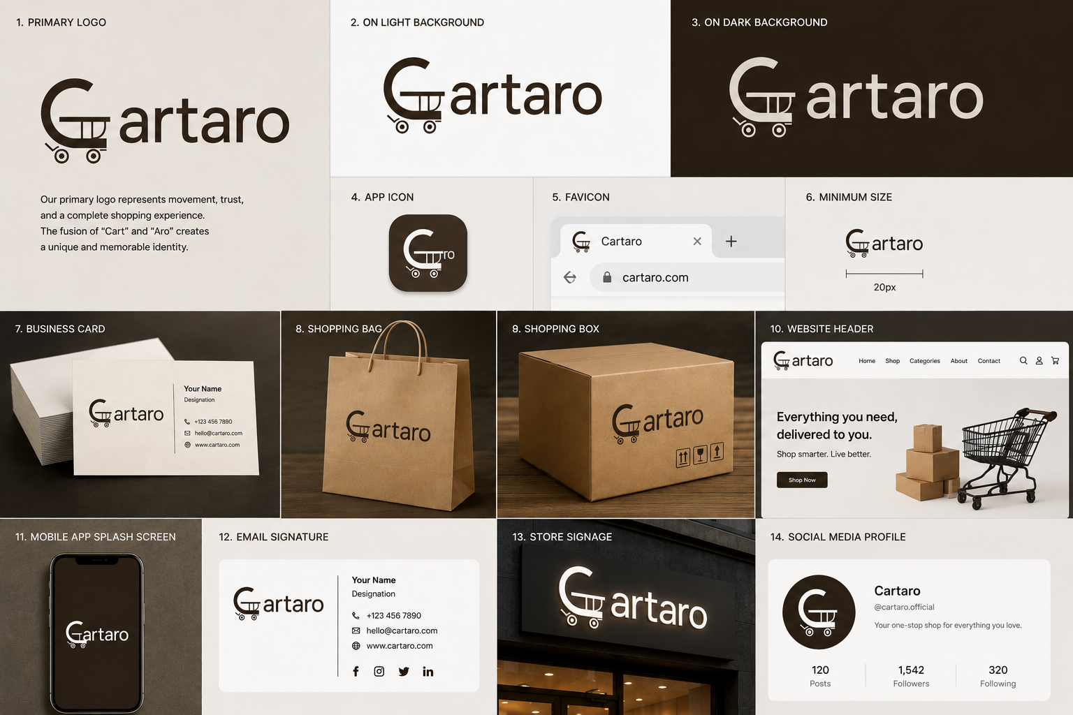 Cartaro brand identity mockup showcase across business card packaging web signage and social media