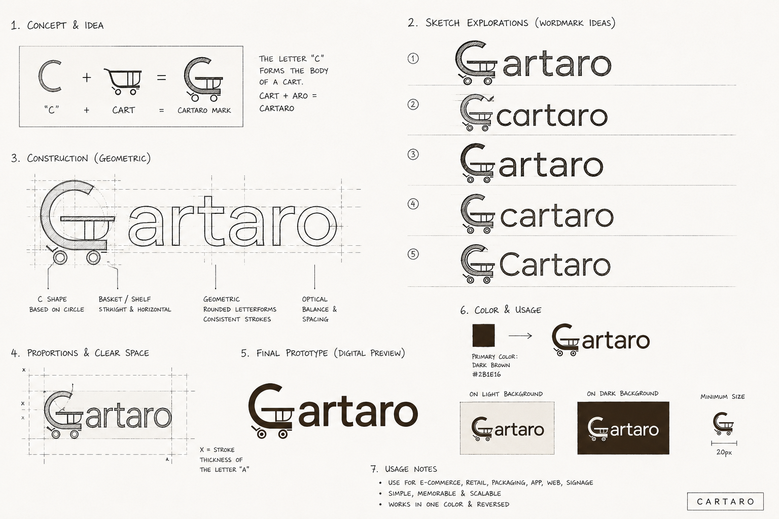 Cartaro logo concept sheet with geometric construction and wordmark exploration