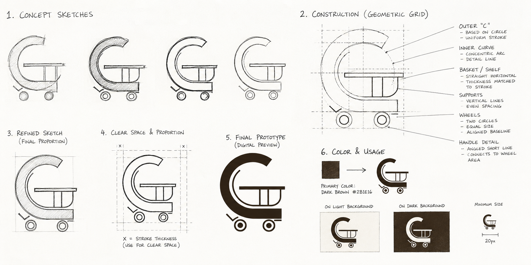 Cartaro logo sketch refinement process with concept sketches construction and color usage