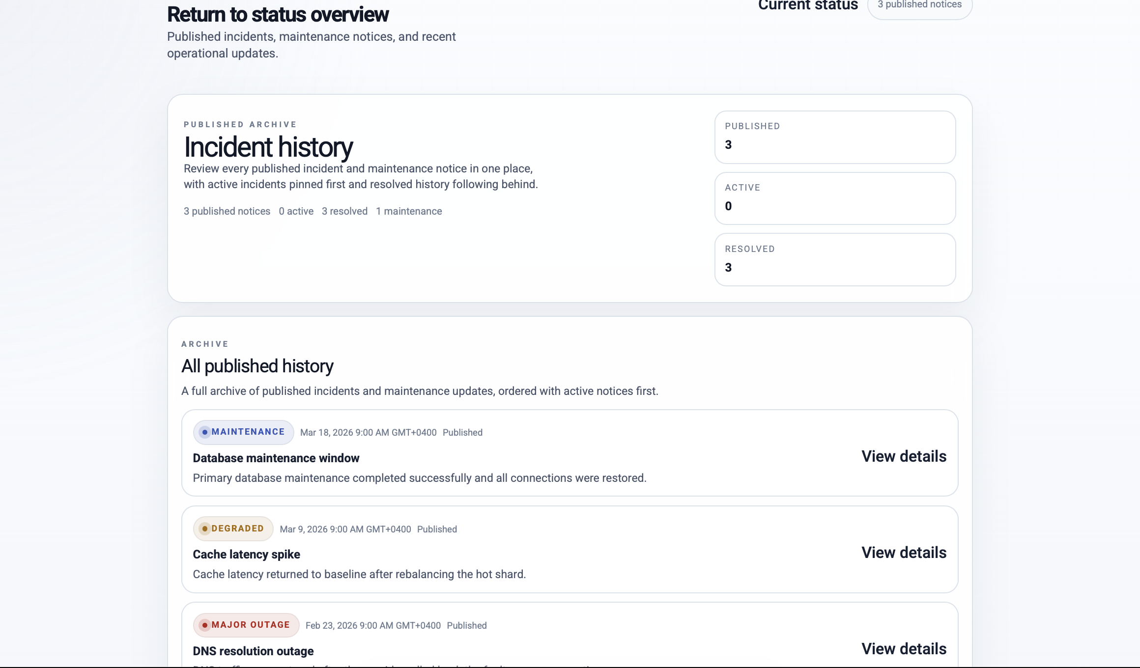 MBS Uptime Monitor incident history page