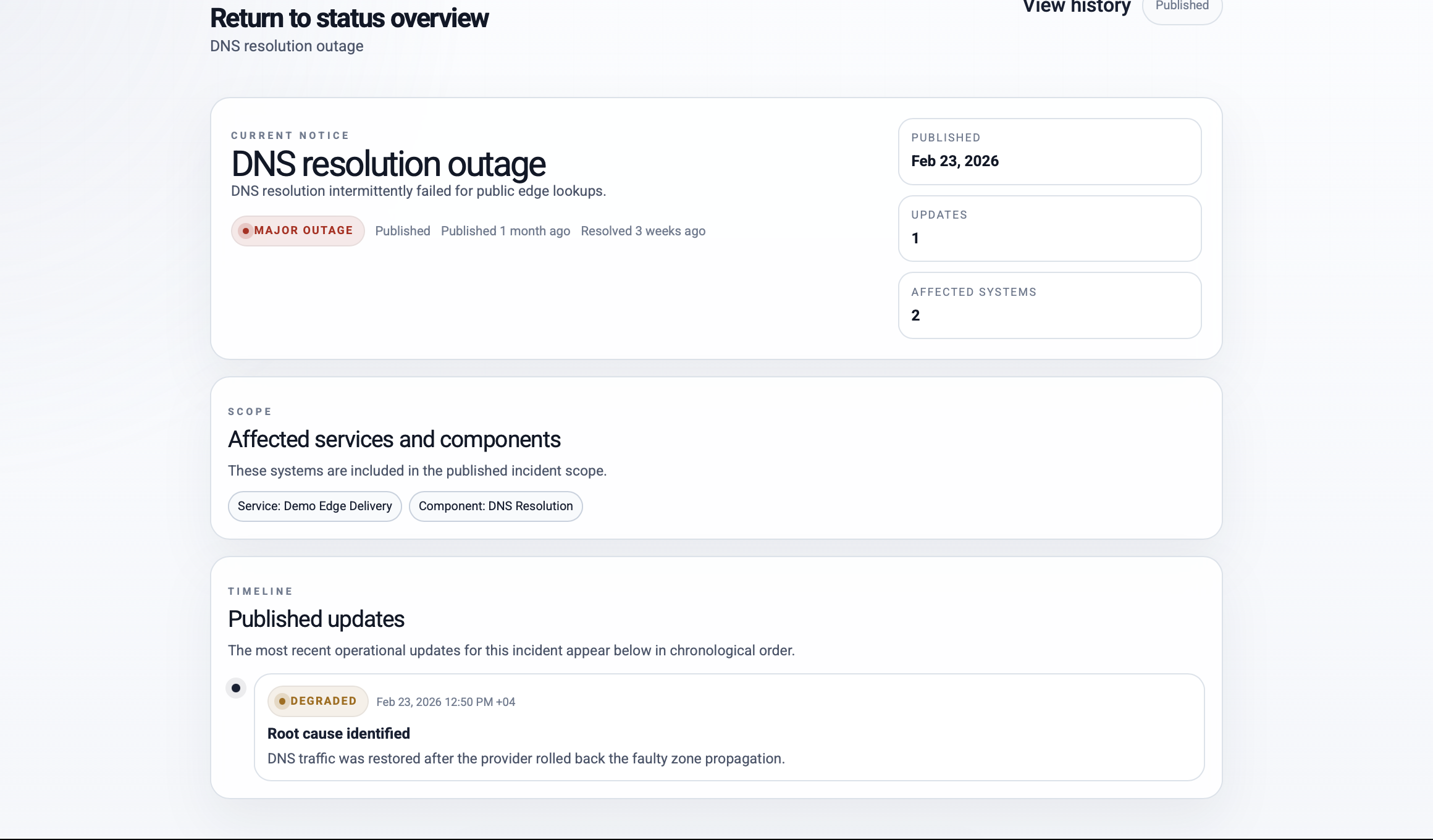 MBS Uptime Monitor incident detail page with timeline updates