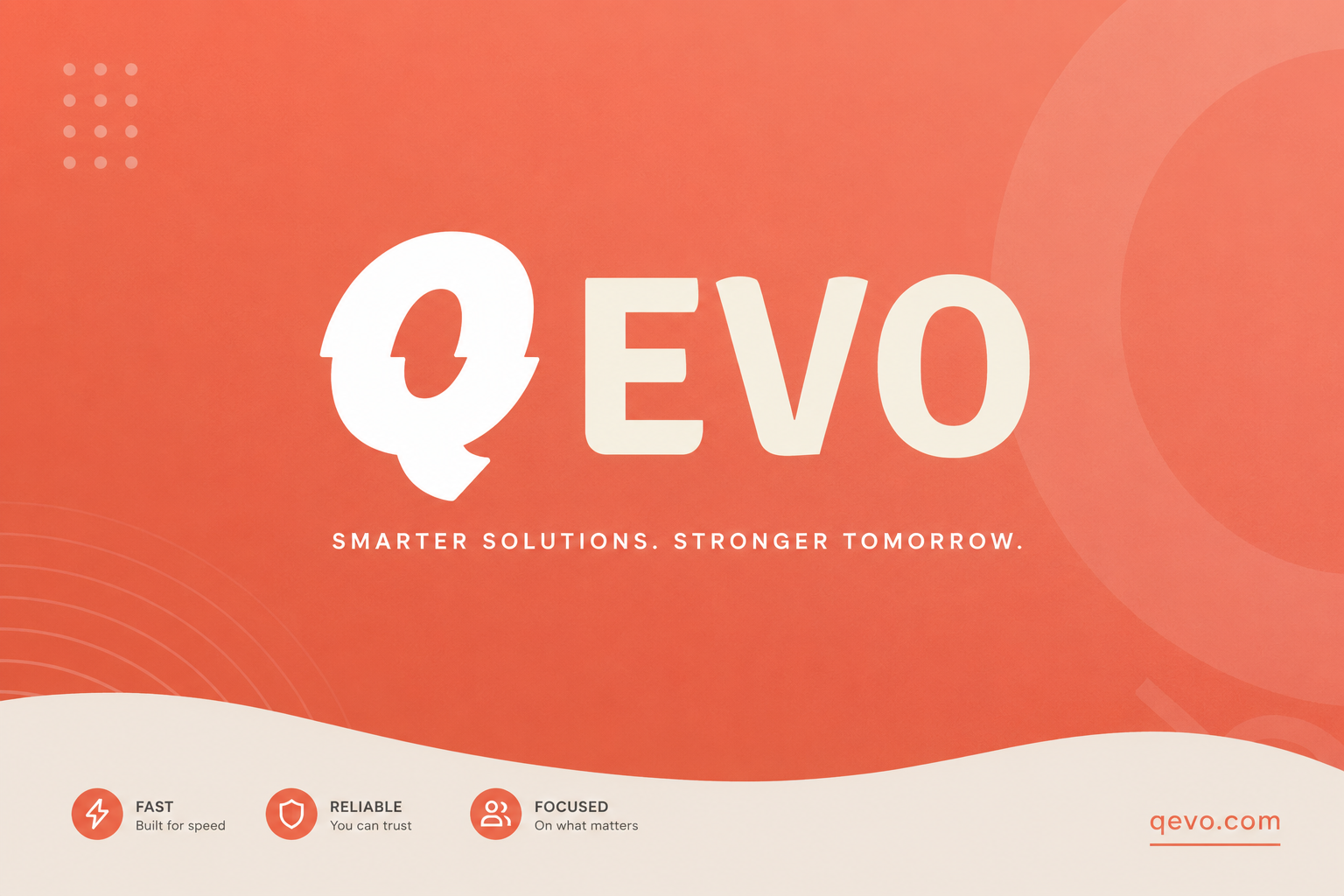 QEVO minimalist brand poster with bold logo and smarter solutions stronger tomorrow tagline