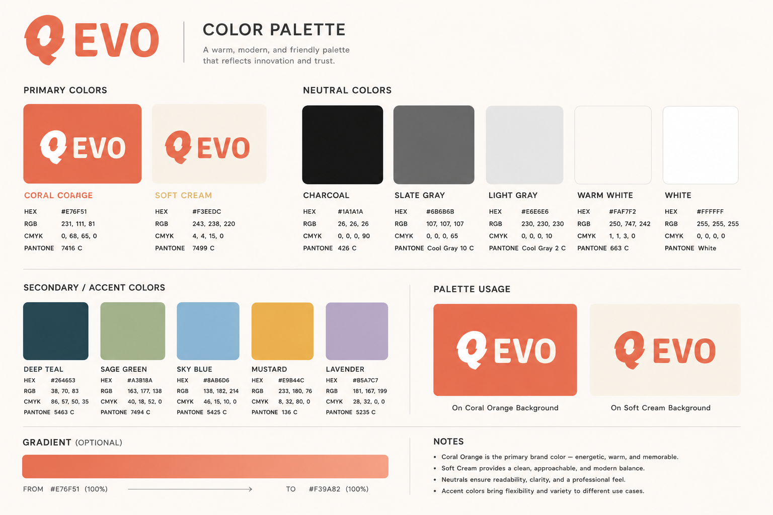 QEVO brand color palette guide with primary neutral and accent colors