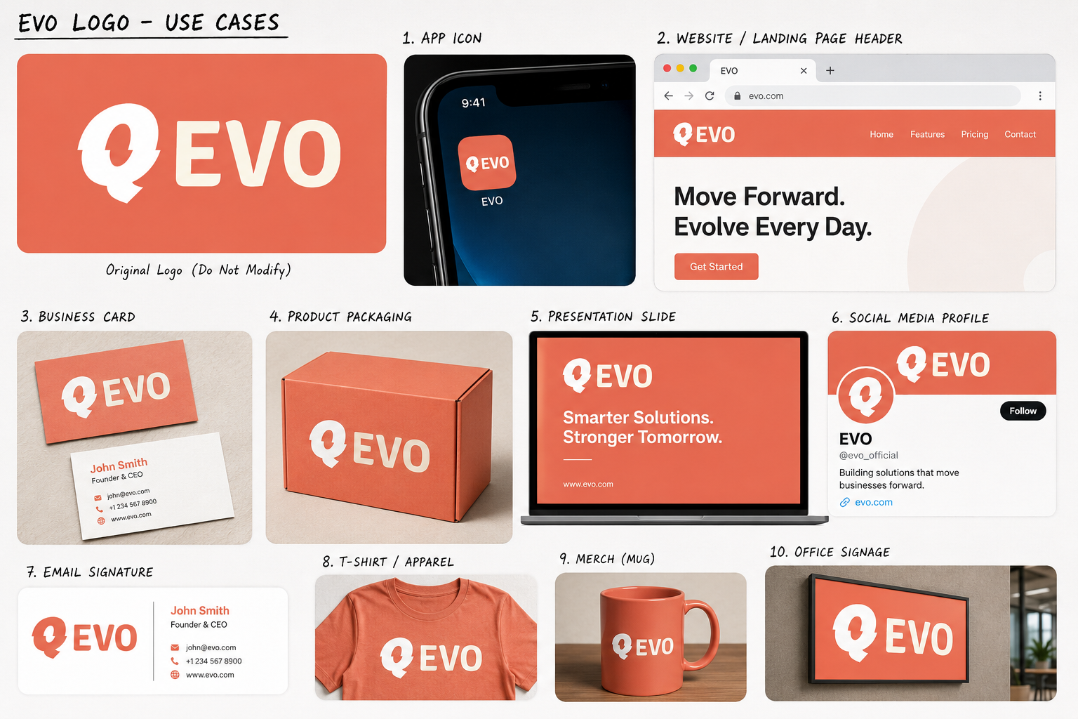 QEVO logo use cases and mockups across app website business card packaging presentation social apparel mug and signage